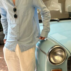 casual long sleeve sky blue linen shirt for men