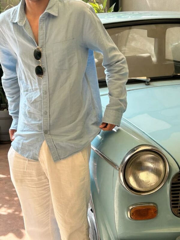 casual long sleeve sky blue linen shirt for men