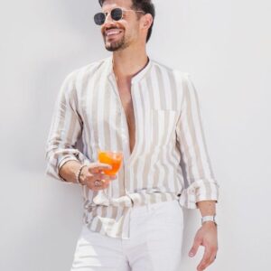 casual striped buttoned up cream shirt for men