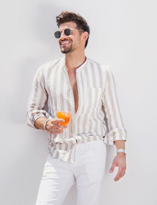casual striped buttoned up cream shirt for men