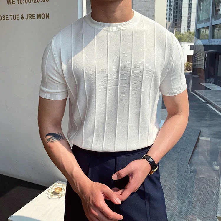 feather white men's casual rib knit short sleeve tshirt feather white rib knit t-shirt with a classic old money inspired look