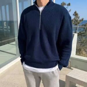 "Navy Blue Half-Zip Sweater for Men – Classic Wool Blend Pullover"