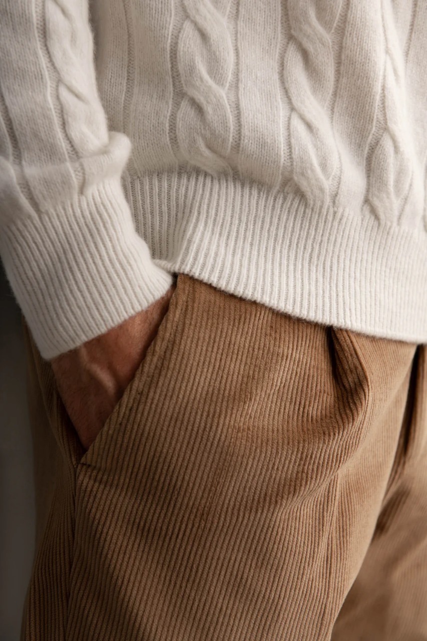 white textured long sleeve sweater img1 Men's white textured sweater with a classic knit pattern and a comfortable, relaxed fit