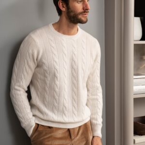 Men's white textured sweater with a classic knit pattern and a comfortable, relaxed fit
