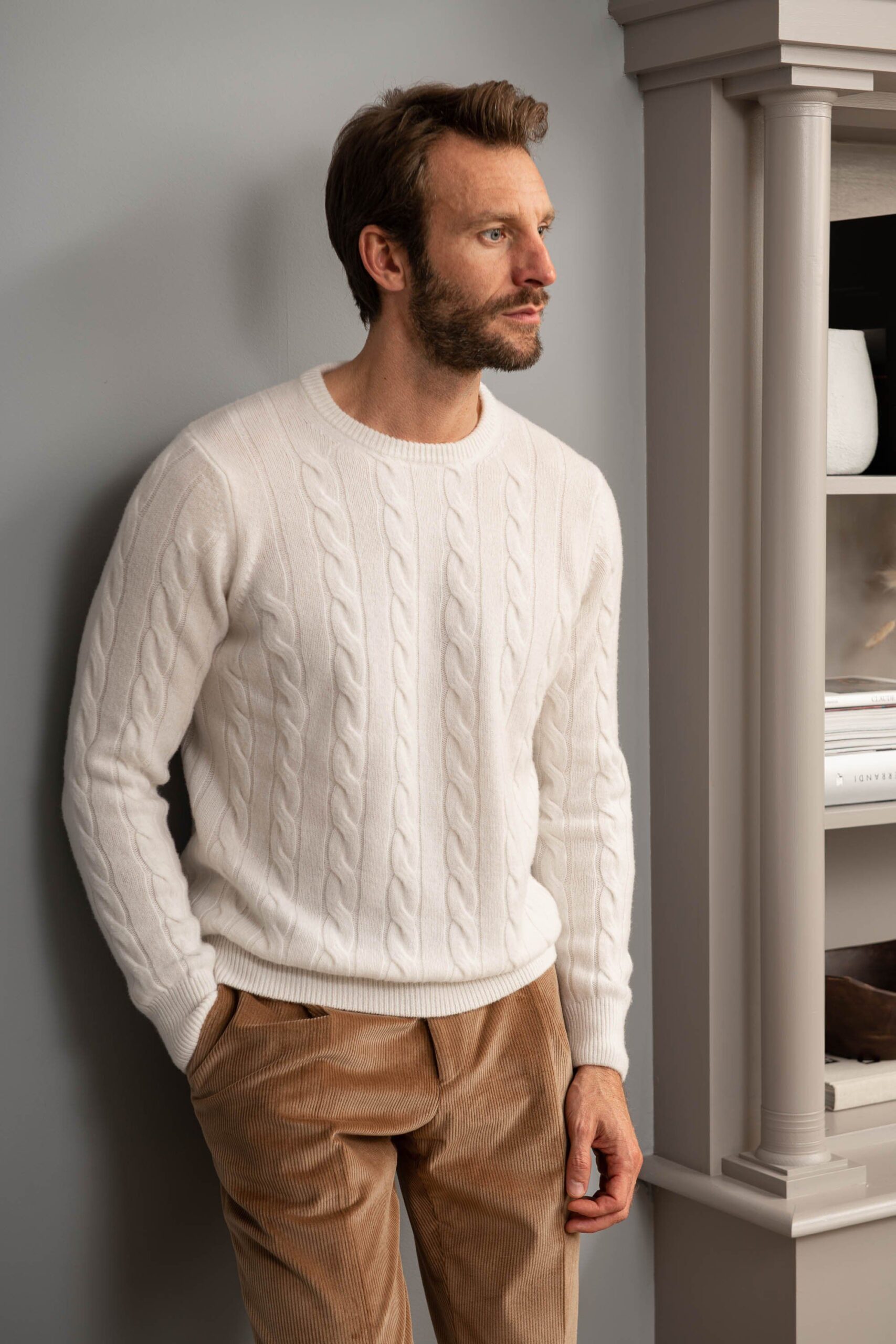 white textured long sleeve sweater img2 Men's white textured sweater with a classic knit pattern and a comfortable, relaxed fit
